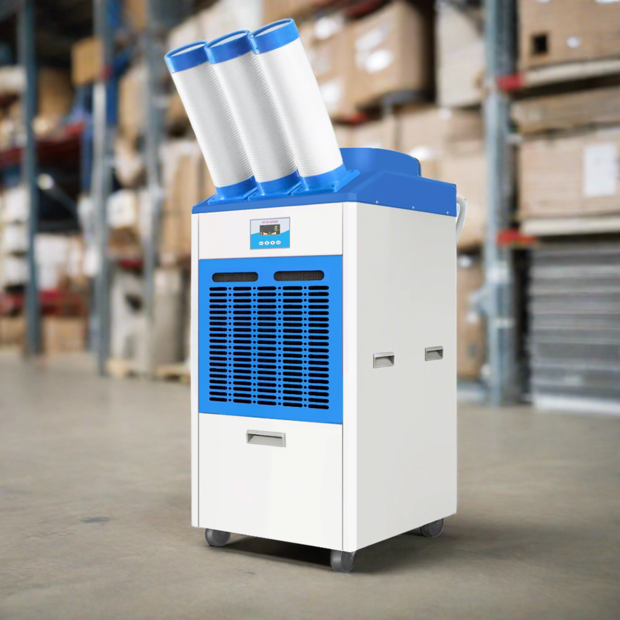 Cool-A-Zone HyperNova Heat Flex: portable AC & heater for 3230 sq. ft. Uses R32 refrigerant, 0-113°F range, 298 lbs. Features 3 outlet pipes, locking wheels & handle.